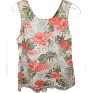 DENVER HAYES Linen Floral Tropical Print Sleeveless Tank Top Size Small